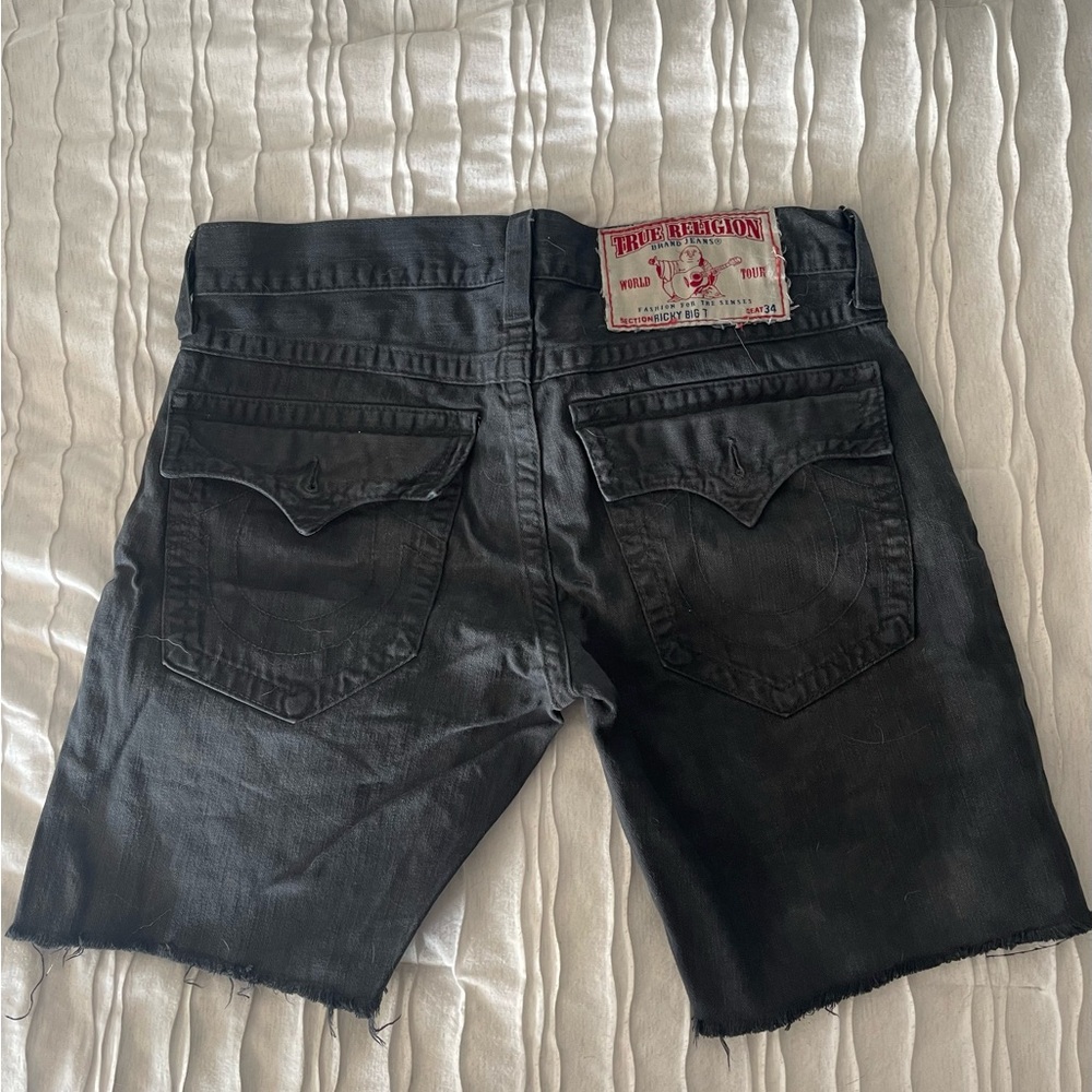 True Religion Black Jean Shorts with Frayed Hem